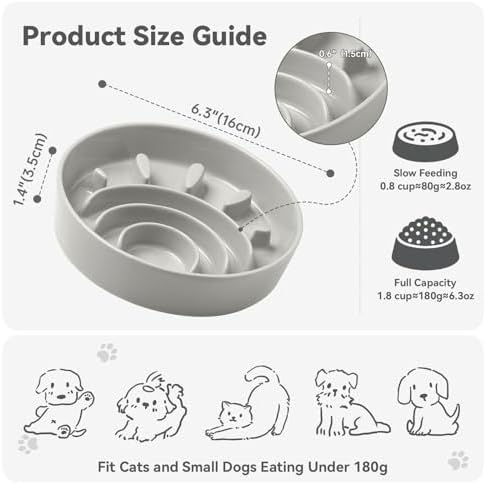 Ceramic Slow Feeder Dog Bowl, 0.8 Cups Anti -Slip Slow Feeding Bowl to Slow Down Eating, 6.3 Inch Dog Food Dish for Small Breeds, Grey