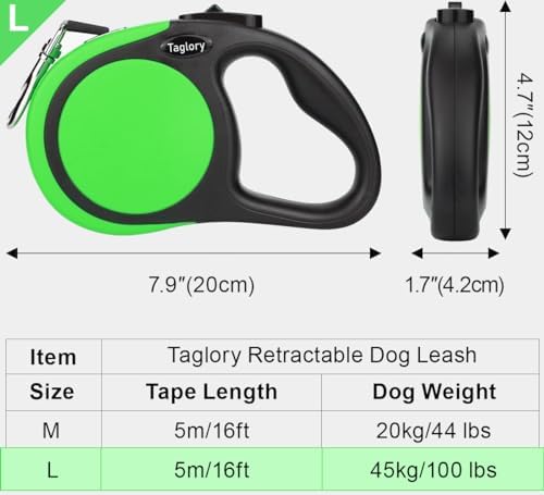 Taglory Retractable Dog Leash, One-Handed Brake, 16ft, Up to 44 lbs, Green
