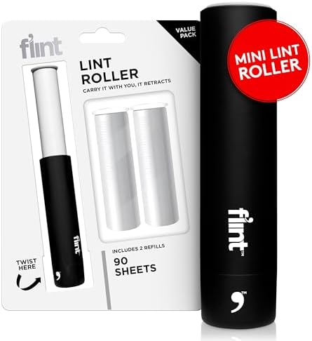 Flint Classic Black Retractable Mini Lint Roller with 90 Extra Sticky Sheets, Small and Portable Lint Roller, Ideal Pet Hair Remover, Travel Lint Rollers for pet Hair Extra Sticky