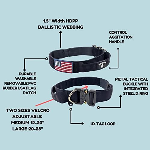 Tactical Dog Collar with Handle - 1.5 Inch Thick Heavy Duty Nylon, Military Style Metal Quick Release Buckle & Integrated D-Ring, for Medium & Large Dogs – Includes USA Flag On Customizable Name Plate