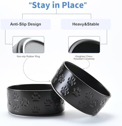 SPUNKYJUNKY Ceramic Dog and Cat Bowls 2 Pack, 6.1'' Dog and Cat Food Water Double Feeding Bowls Non-Slip for Large Sized Breed Microwave Dishwasher Safe - 28.7 OZ, 2pcs, Paw Black