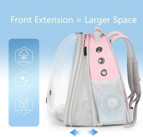 Cat Backpack Carrier with Fan, Space Capsule Astronaut Clear Bubble Front Extension to Carry Transport Cat Small Puppy Bunny, 20 Pounds Cat Bookbag (Pink, Gen 1 + Fan)
