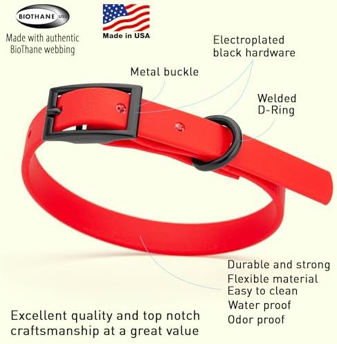 Dogline Biothane Waterproof Dog Collar Strong Coated Nylon Webbing with Black Hardware Odor- Proof for Easy Care Easy to Clean High Performance Fits Small Medium or Large Dogs, Cherry Red