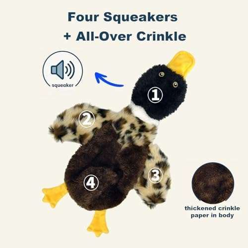 Stuffing-Free Duck Dog Toy, Plush Squeaky Toy with 4 Squeakers and Crinkle Wings, Hollow Body No-Stuffing Design for Small Medium Dogs