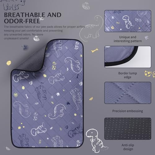 IEUUMLER Washable Pee Pads for Dogs, 2 Pack Non-Slip & Waterproof Whelping Pad, Reusable Puppy Potty Training With Fast Absorbent for Playpen EU007 (Gray Dinosaur, 30"X34"-2pcs)