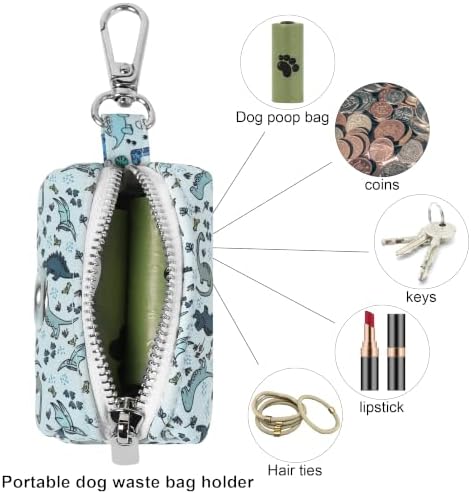 ARING PET Dinosaur Dog Poop Bag Holder, Cotton Puppy Blue Dino Waste Bag Dispenser Attach to Any Leashes, Portable Washable Pet Waste Pouch Holder with Two Rolls of Bags