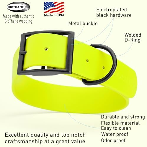Dogline Biothane Waterproof Dog Collar Strong Coated Nylon Webbing with Black Hardware Odor- Proof for Easy Care Easy to Clean High Performance Fits Small Medium or Large Dogs, Safety Yellow