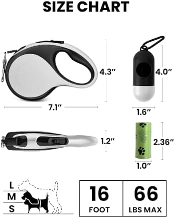 Retractable Dog Leash with Led Light, Douexio 16ft Rechargeable Walking Dog Leash for Small Medium Dogs Up to 66 lbs,360° Tangle-Free, One-Button Control, High Strength Hook