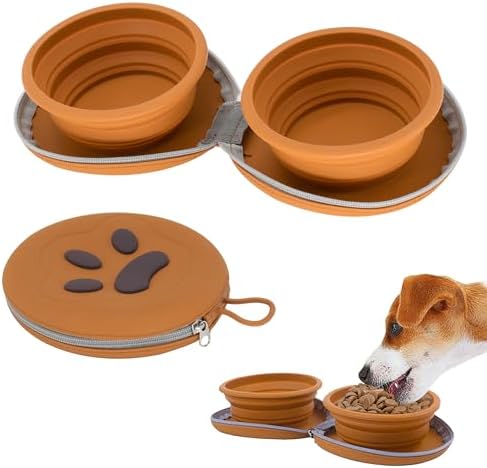 Collapsible Dog Bowls, 2-in-1 Pet Travel Food Water Feeder Brown