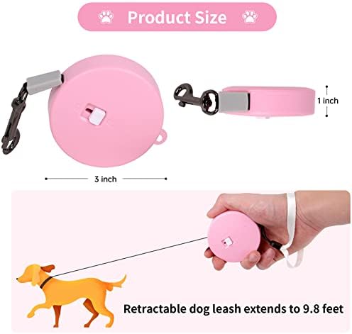 Retractable Dog Leash for Small and Medium Dogs up to 22lbs with 9.8ft Strong Nylon Tape, Hands Free, Portable and Lightweight Leash with Wrist Strap, One-Hand Brake, Tangle Free (Pink)