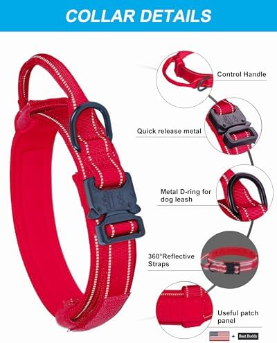 AUBELL Reflective Tactical Heavy Duty Dog Collar with Handle,Red L