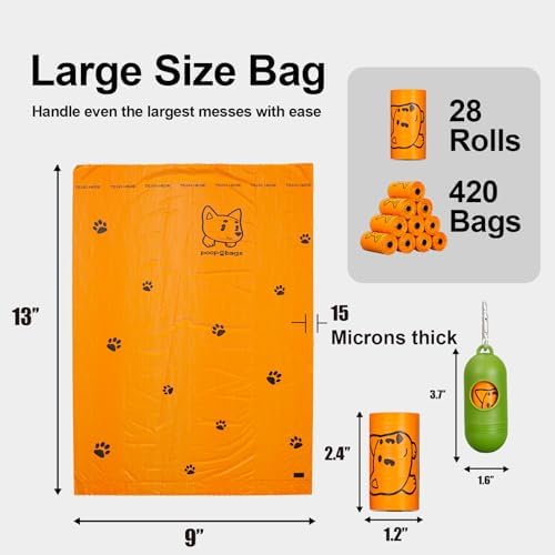 Dog Poop Bags Rolls With Dispenser, Strong and Leak-proof Waste Bags for Pets, Floral Scented, 420 Count (28 Packs of 15), 13 Inch x 9 Inch (Orange)