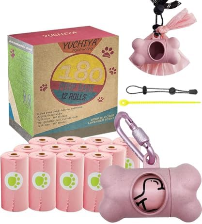 Dog Poop Pickup Bags Holder Dispenser with Standard-Sized Leak-Proof Scented Doggy Waste Bags and Carabiner with Safety Lock&Fastener Never Loose on Leash Lead Again (1 Holder 195 Bags, Pink)