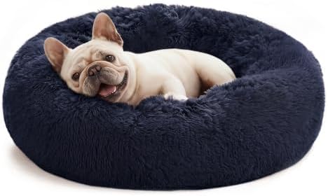 Love's cabin Calming Cat Bed for Indoor Cats, Anti-Anxiety Donut Round Dog Bed, Fluffy Faux Fur Washable Pet Bed for Small Medium Dogs and Cats, Navy, 24in