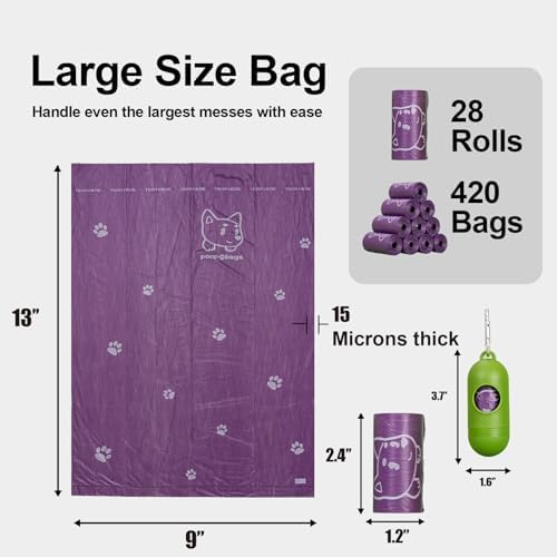 Dog Poop Bags Rolls With Dispenser, Strong and Leak-proof Waste Bags for Pets, Floral Scented, 420 Count (28 Packs of 15), 13 Inch x 9 Inch (Purple)