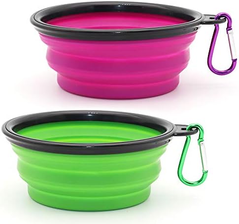 Dog Bowl Pet Collapsible Bowls, 2 Pack Collapsible Dog Water Bowls for Cats Dogs, Portable Pet Feeding Watering Dish for Walking Parking Traveling with 2 Carabiners (Small, Green+Purple)