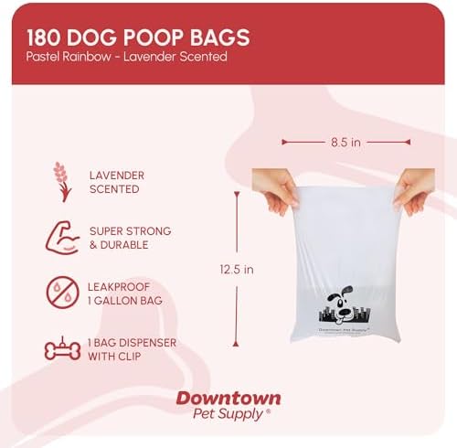 Downtown Pet Supply Scented Poop Bags for Dogs with Dispenser, 180 Count - Leak-Proof Dog Waste Bags and Bone-Shaped Dog Poop Bags Holder for Leash - Lavender Scented, 12.5" x 8.5"