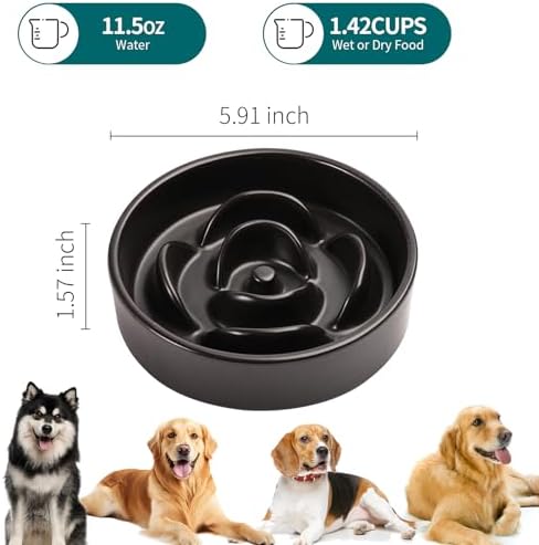 Black Ceramic Slow Feeder Dog Bowl for Small and Medium Breeds,6.1 in Slow Feeding Bowl,Puzzle Cat Dog Food Bowl for Fast Eater,Maze Dish Puzzle Bowl for Small Dogs and Cats