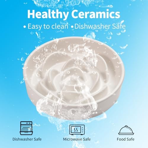 White Ceramic Slow Feeder Dog Bowl for Small and Medium Breeds,6.1 in Slow Feeding Bowl,Puzzle Cat Dog Food Bowl for Fast Eater,Maze Dish Puzzle Bowl for Small Dogs and Cats