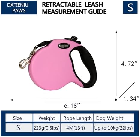 Small 13 FT Retractable Dog Leash – Hands-Free Adjustable Leash for Dogs Up to 22lbs, Tangle-Free Nylon with Ergonomic Grip for Walking, Training & Outdoor Safety Pink S