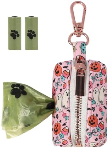 ARING PET Halloween Dog Poop Bag Holder, Cotton Puppy Pink Pumpkin Ghost Waste Bag Dispenser Attach to Any Leashes, Portable Washable Pet Waste Pouch Holder with Two Rolls of Bags