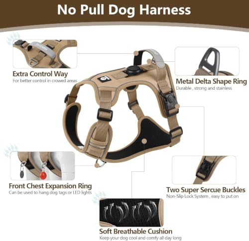 Upgraded Dog Harness with AirTag Holder, Escape Proof Adjustable Vest for Puppy Outdoor Walking, No Pull No Choke Breathable Jacket with Reflective Strips for Dark Night, Khaki M