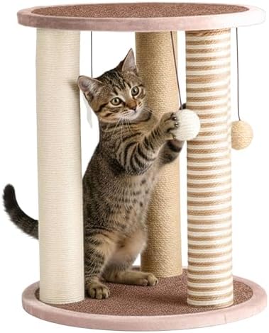 Cat Scratching Post - 3 Scratcher Posts with Carpeted Base Play Area and Perch - Furniture Scratching Deterrent for Indoor Cats by PETMAKER (Brown), Large