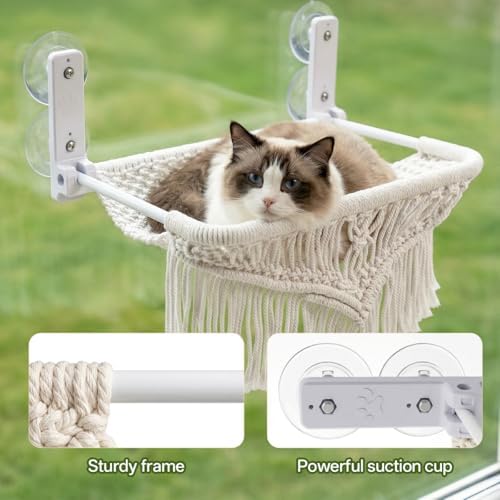 Cat Hammock & Window Perch w/ 4 Suction Cups, Foldable Adjustable Boho Cotton Rope Pet Hammock Bed & Cat Shelves for Indoor Cats/Small Animals - All-Season Sleeping, Lounging, Climbing