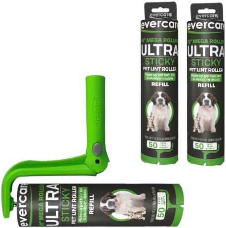 Evercare Ultra Sticky Pet Mega Lint Roller Value Pack, Manual Clothes & Furniture Cleaner with Handle and 2 Refills, 50 Sheets Each