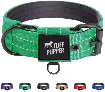 Tuff Pupper Heavy Duty Tactical Dog Collar | 1.25" Wide Ballistic Nylon | Reflective Stitching | Integrated ID Tag Holder | Stainless Steel Buckle | Padded Lining | Small & Medium Dogs (Green, Small)