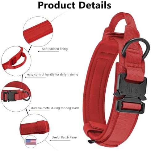 DAGANXI Tactical Dog Collar, Adjustable Military Training Nylon Dog Collar with Control Handle and Heavy Metal Buckle for Medium and Large Dogs, with Patches and Airtags Case (Red, M)