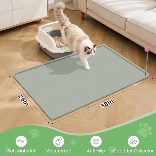 Cat Litter Mat, 38"X25" Large Litter Box Mat, Waterproof and Easy to Clean Silicone Cat Mat for Litter Box, Mat Litter Trapping Mat for Scatter Control, Keep the Floor Clean (Light Green)