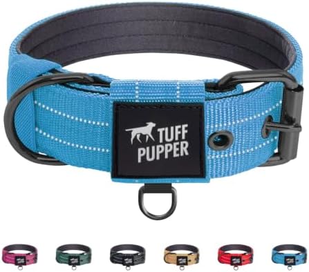 Tuff Pupper Heavy Duty Tactical Dog Collar | 1.5" Wide Ballistic Nylon | Reflective Stitching | Integrated ID Tag Holder | Stainless Steel Buckle | Padded Lining | Medium & Large Dogs (Teal, Large)