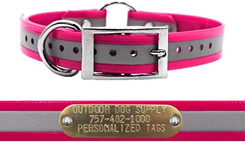 Reflective Waterproof D & Center Ring Dog Collar w Custom Name Tag, Pink