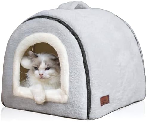 Cat Bed for Indoor Cats，Foldable cat cave，Anti-Slip & Water-Resistant Bottom，cat Houses for Indoor Cats or Small Dogs, Kitten Tent, Rabbit Bed，2 in 1 pet Bed (Grey)