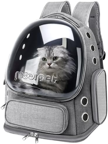 Cat Backpack Carrier, Breathable Cat Bubble Backpack Large Space Cat Carrier Backpack for Kitty Small Dog, Foldable Airline Approved Cats Backpack, Transparent Pet Travel Backpack Up to 20 lbs (Grey)