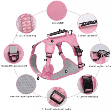 Dog Harness No Pull Adjustable Reflective,for Medium and Large Small Dog with Leash 59.06in (Pink, XL)