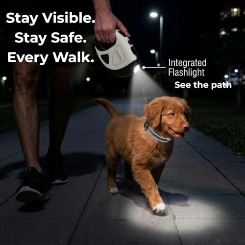 BoldPet® Retractable Dog Leash with LED Flashlight -10 Ft Tangle-Free Long Leash- Anti-Slip Grip - Dog Leash Retractable for Small Dogs up to 44 Lbs- One Handed Brake -Retractable Dog Leash with Light