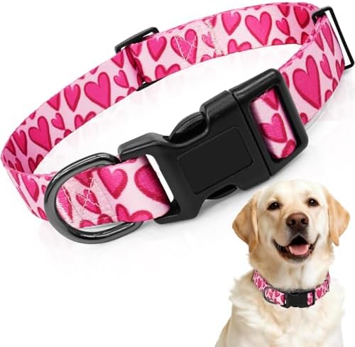 Kazazoo Dog Collar Cute and Soft Nylon Puppy Collar Girl Dogs, Adjustable Dog Collars for Large Dogs, Hot Pink Heart-L
