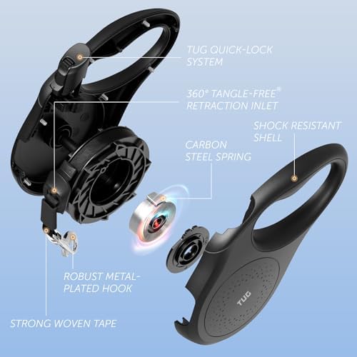 TUG Quest Retractable Dog Leash | 360° Tangle-Free | 16 ft Tape (M, Black)