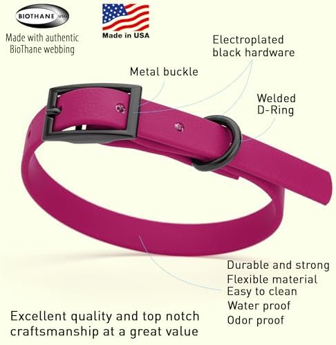 Dogline Biothane Waterproof Dog Collar Strong Coated Nylon Webbing with Black Hardware Odor- Proof for Easy Care Easy to Clean High Performance Fits Small Medium or Large Dogs, Magenta Pink