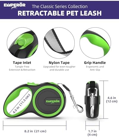 Emperor Pets Retractable Dog Leash, 16 ft, Up to 110lbs, Green -GR16