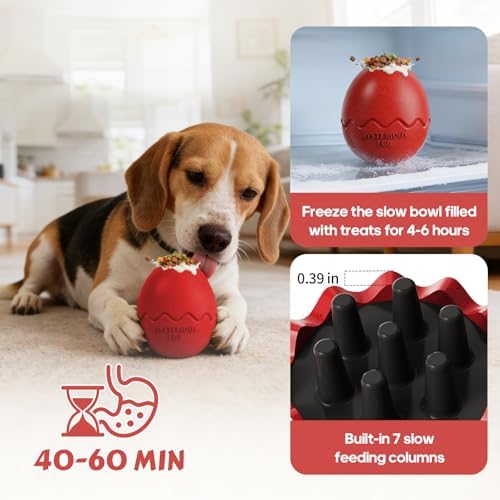 Dog Fillable Toy 3 in 1 Interactive Dog Toys Freeze Lick Summer Cooling Toy Enrichment Treat Dispensing Chew Toy Stuffable Puzzle Slow Feeder for Medium Small Dogs Easy to Clean (Egg-red)