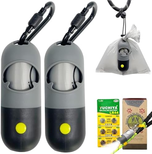 Dog Poop Bags Holder with LED Flashlight|Pet Waste Bags Dispenser for Leash|Doggie Potty Bags Container with Leak-proof Pet Trash Bags and Accessories (2 Holders 30 Bags, Grey and Black)