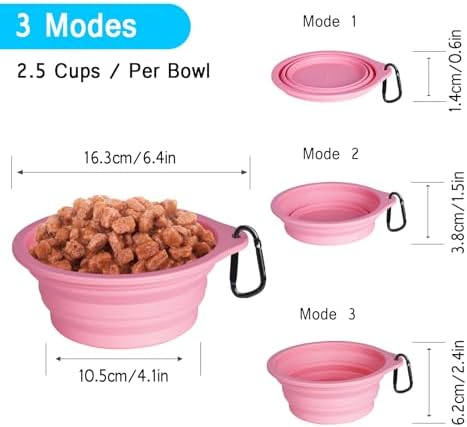 PetBonus 2-Pack Silicone Collapsible Dog Bowls, BPA Free Dishwasher Safe, Portable Foldable Expandable Travel Bowl, Food Water Feeding Cup Dish for Dogs Cats with 2 Carabiners (Purple, Pink)