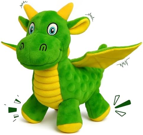 Squeaky Dog Toy - Plush Dragon with 5 Squeakers and Crinkle Wings