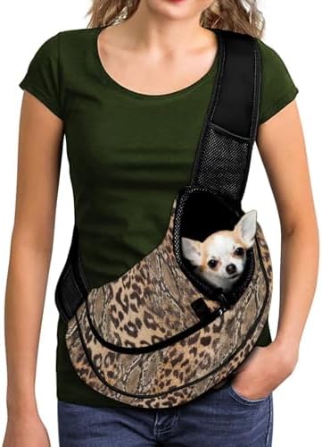 Leopard Animal Print Dog Carrier Sling Breathable Front Sling Puppy Carrier Travel Pet Sling Bag for Small Dog Cats Outdoor Hands Free Pet Slings Backpack with Adjustable Strap