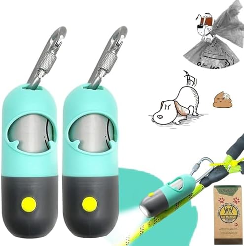 Dog Poop Waste Bags Holder with LED Flashlight|Cute Doggie Poo Bags Dispenser for Pet Leash|Trash Waste Bags Carrier with Potty Bags Clip Fastener LR44 Button Cells Included(2 Pack) (Mint Green)
