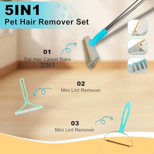 Vivifying Carpet Rake Pet Hair Remover Set, 56" Handle + 2 Handheld Tools