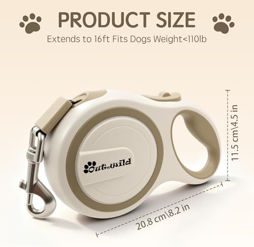 OUTnWILD Retractable Dog Leash, 16 ft Heavy Duty Dog Leash for Large Breeds/Pets Up to 110 lbs, 360° Tangle Free Design with One Touch Quick-Lock Braking System & Anti-Slip Handle. Khaki, L